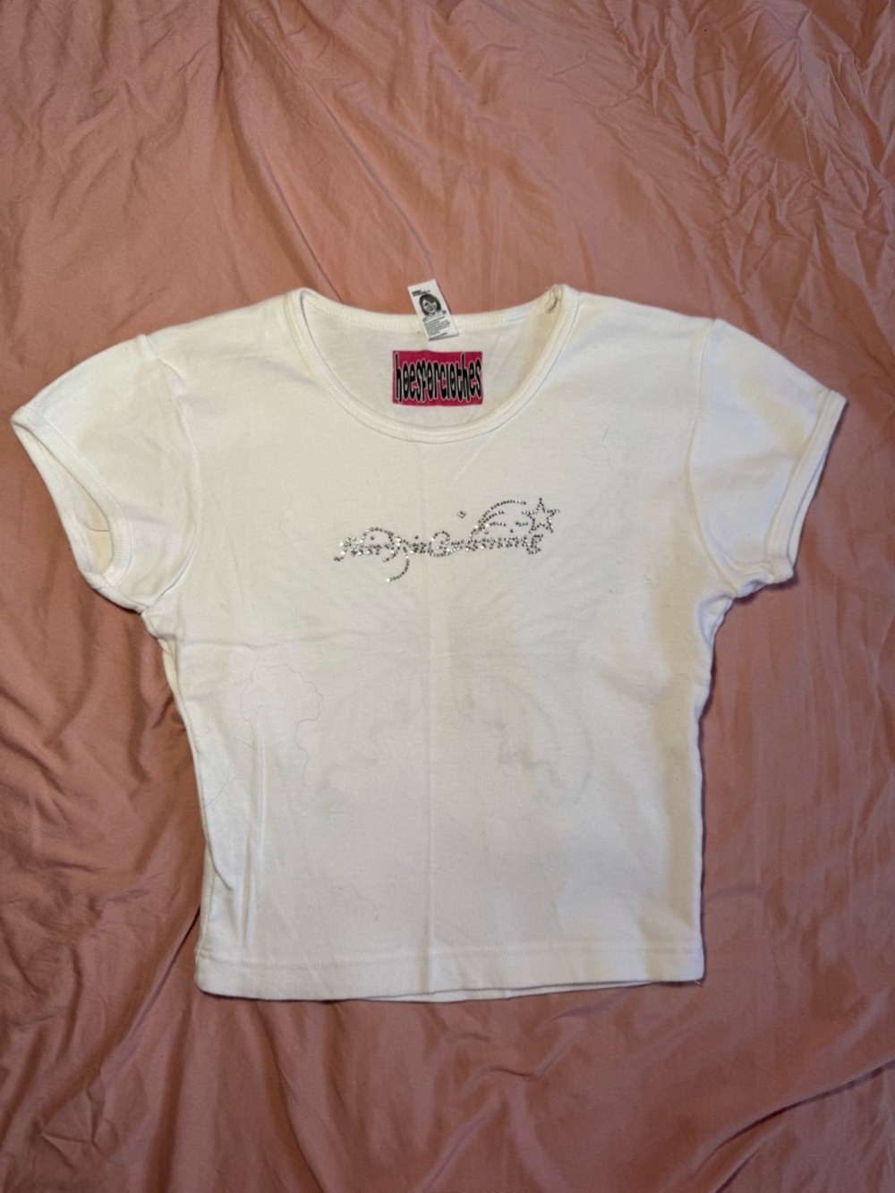 Hoes4clothes White Rhinestone Logo Crop Tee